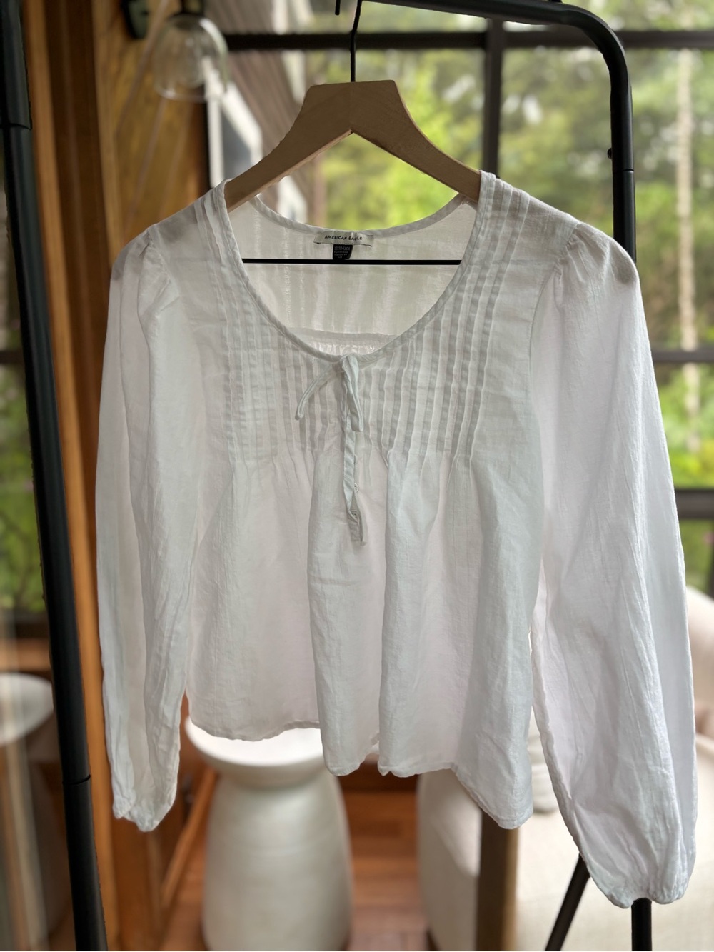 American Eagle Outfitters White Pintuck Tie-Front Blouse